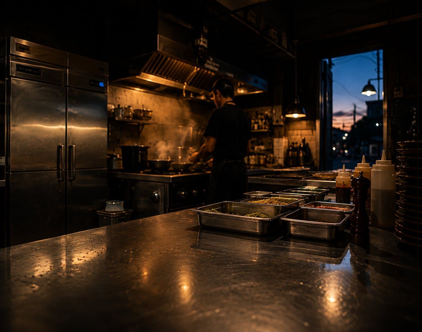 Cocina de restaurante operando al atardecer